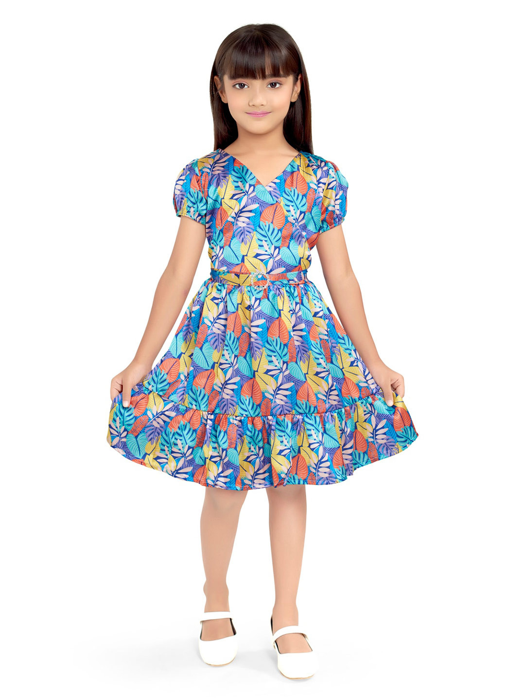 

Doodle Girls Floral Print Puff Sleeve Belted Satin Fit & Flare Dress, Blue