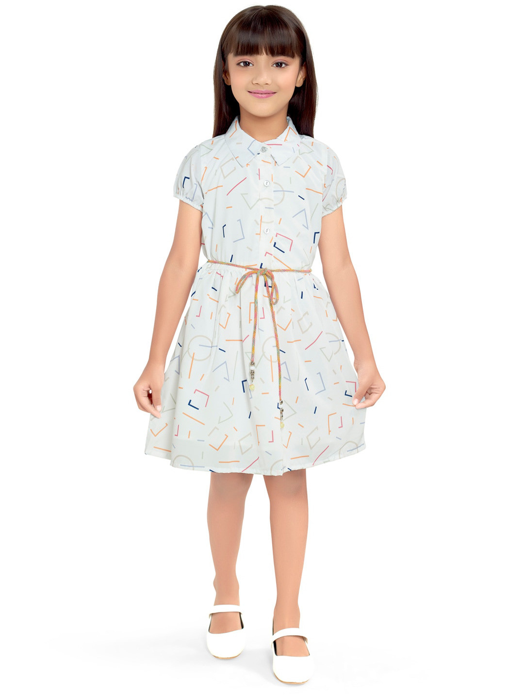 

Doodle Girls Abstract Printed Shirt Collar Satin Casual Shirt Dress, White