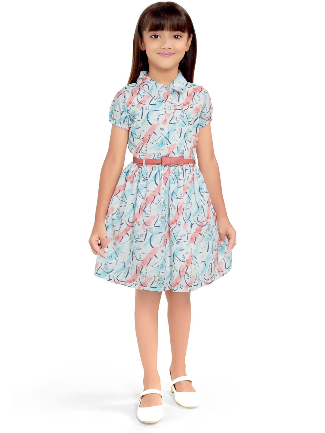 

Doodle Girls Conversational Printed Satin Fit & Flare Dress With Belt, White