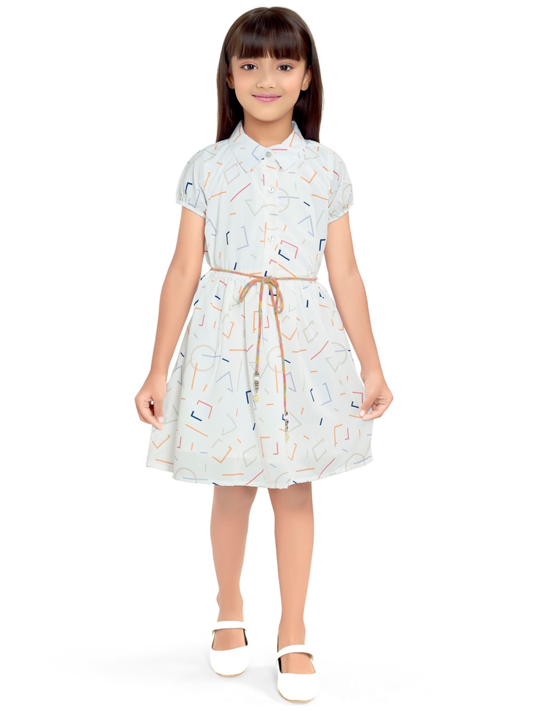 

Doodle Girls Cotton Geometric Printed Shirt Style Dress, White