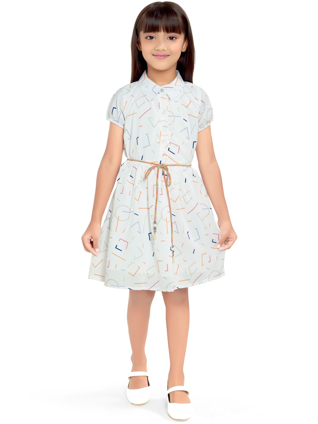 

Doodle Girls Conversational Printed Shirt Collar Puff Sleeves Fit & Flare Dress, White