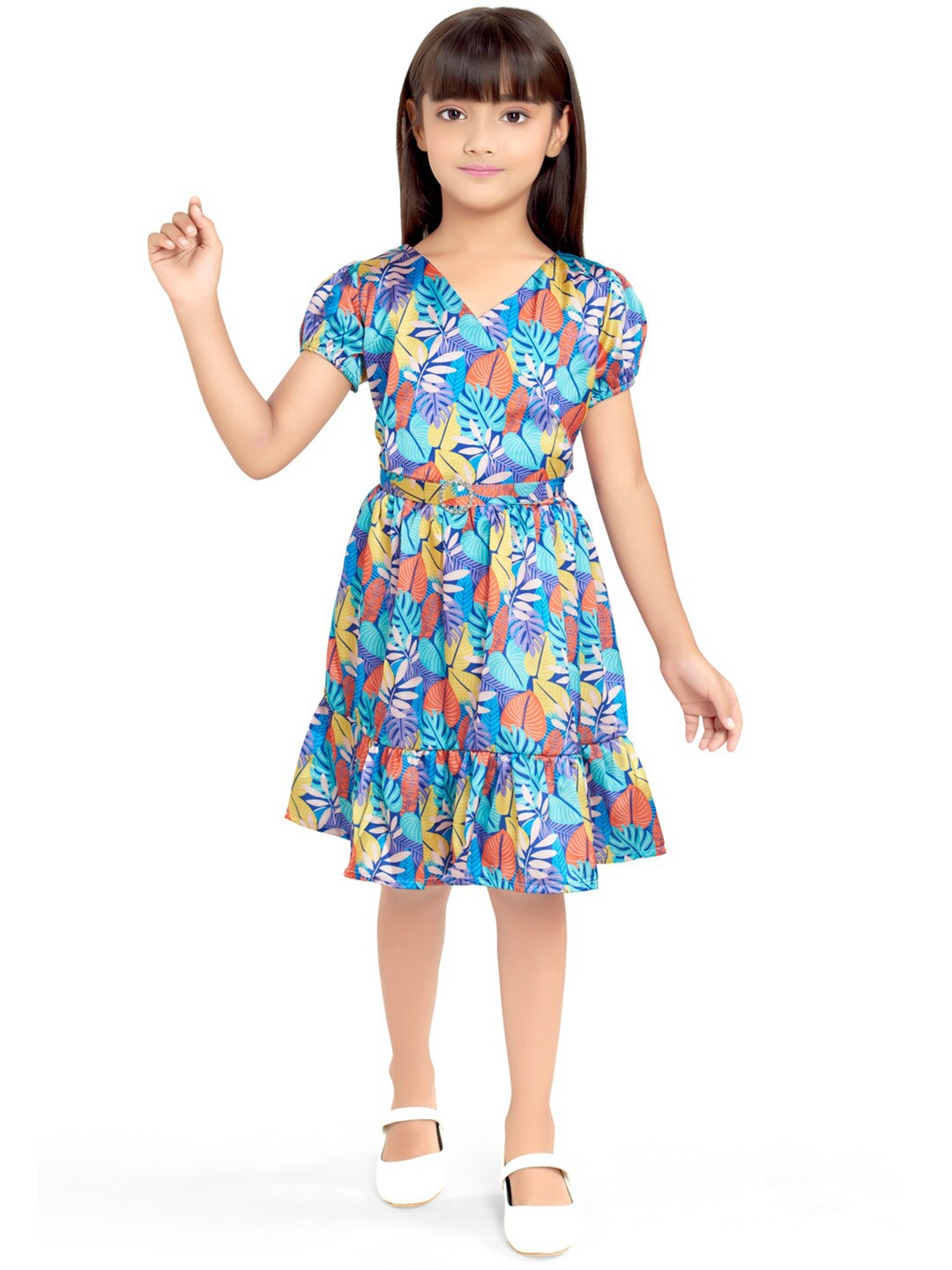 

Doodle Girls Tropical Printed Embellished Buckle Puff Sleeve Satin Fit & Flare Dress, Blue