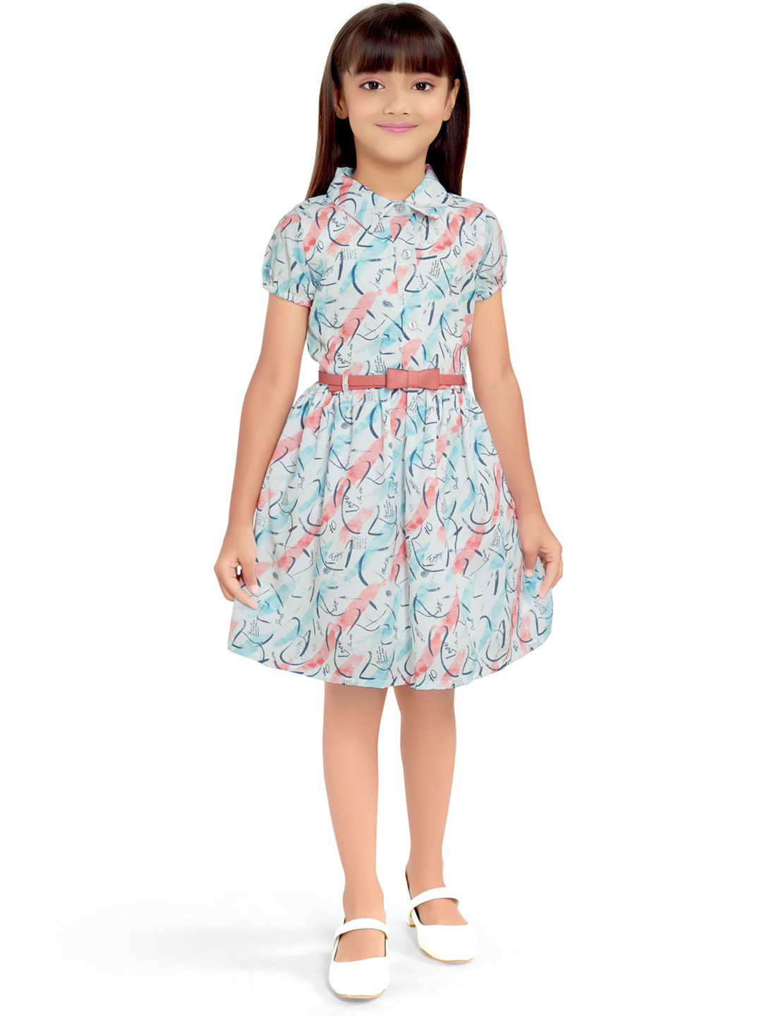 

Doodle Abstract Printed Shirt collar Fit & Flare Dress With Belt, White