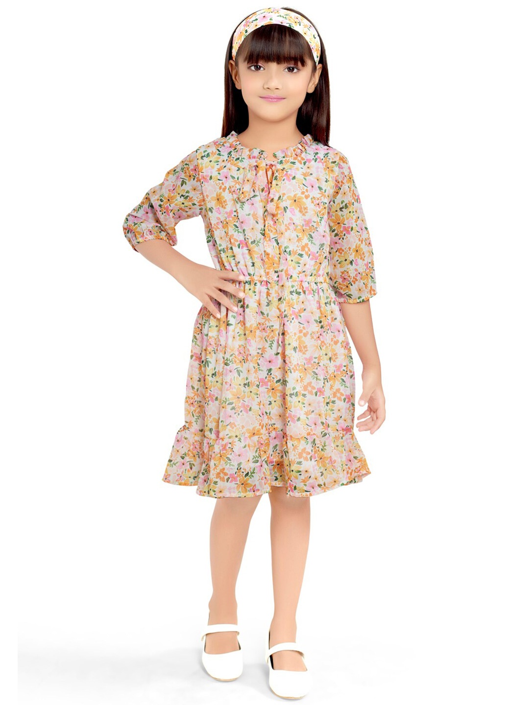 

Doodle Girls Floral Print Fit & Flare Dress With Hair Band, Beige