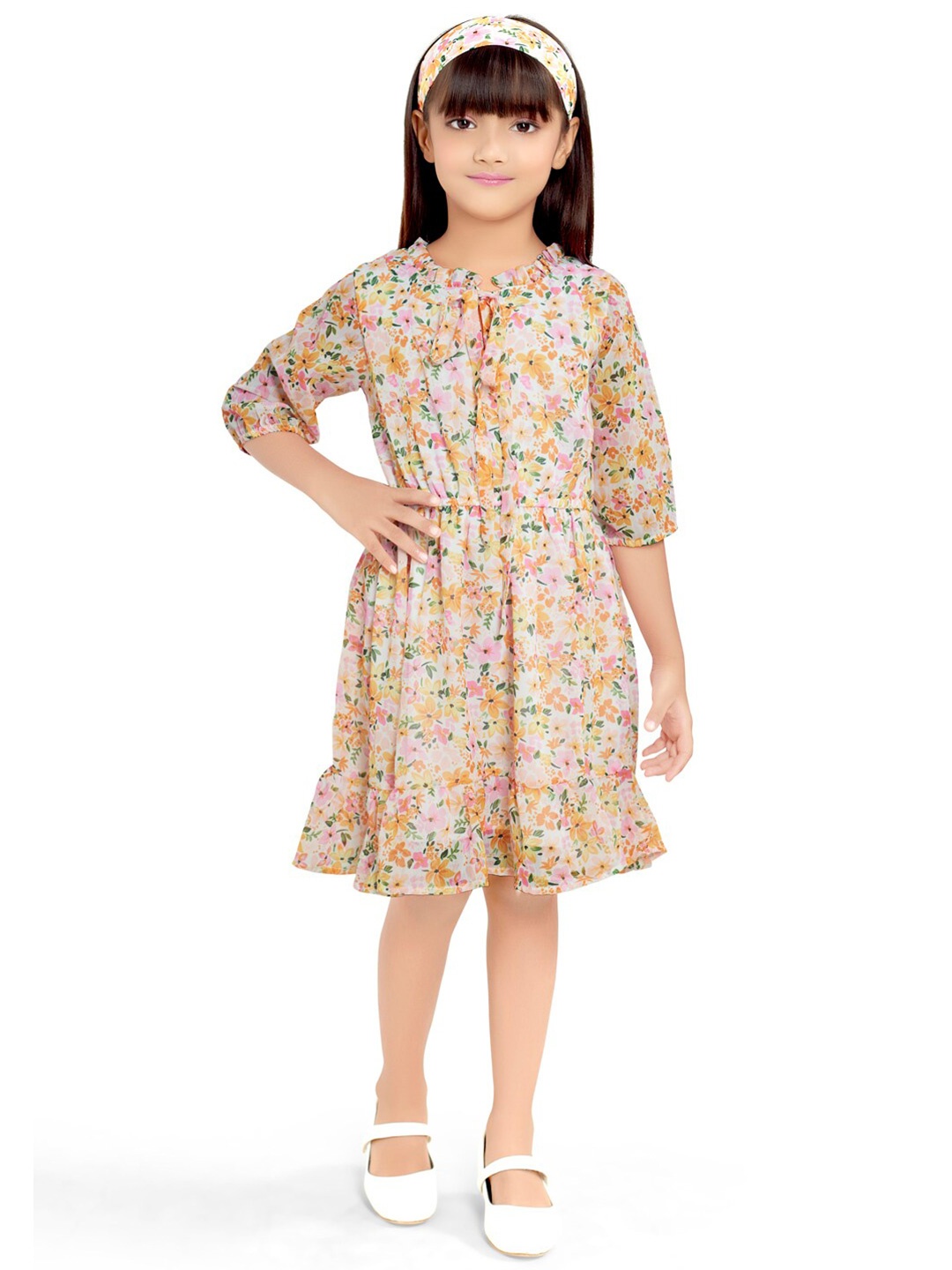 

Doodle Girls Floral Printed Tie-Up Neck Fit & Flare Dress, Yellow