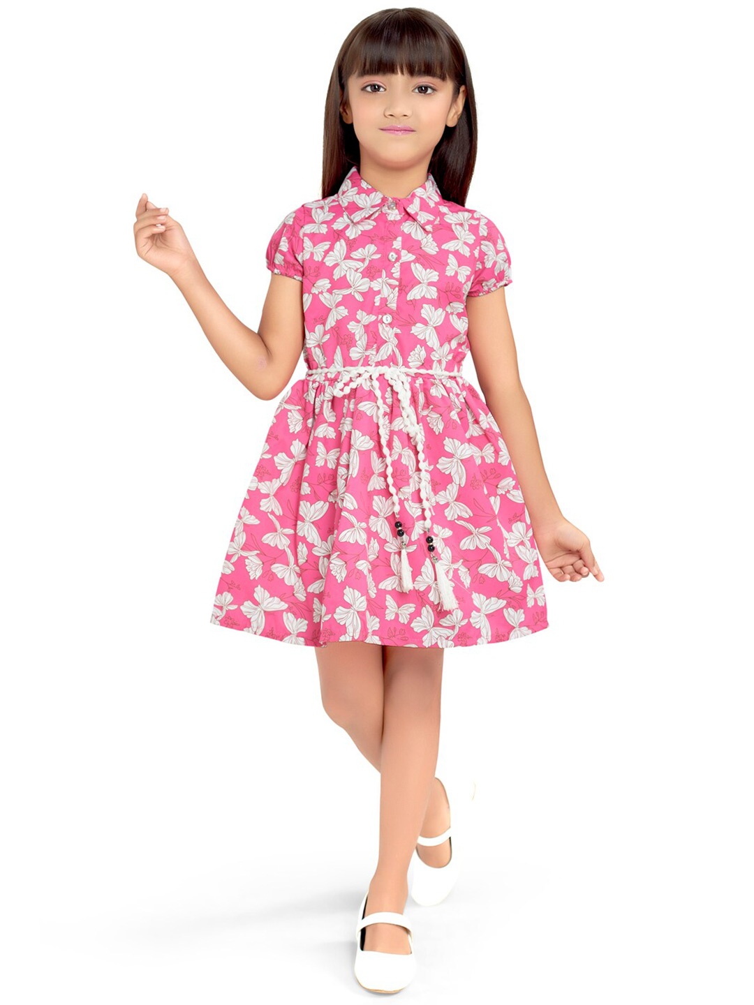 

Doodle Girls Conversational Printed Shirt Collar Satin Casual Fit & Flare Dress, Pink