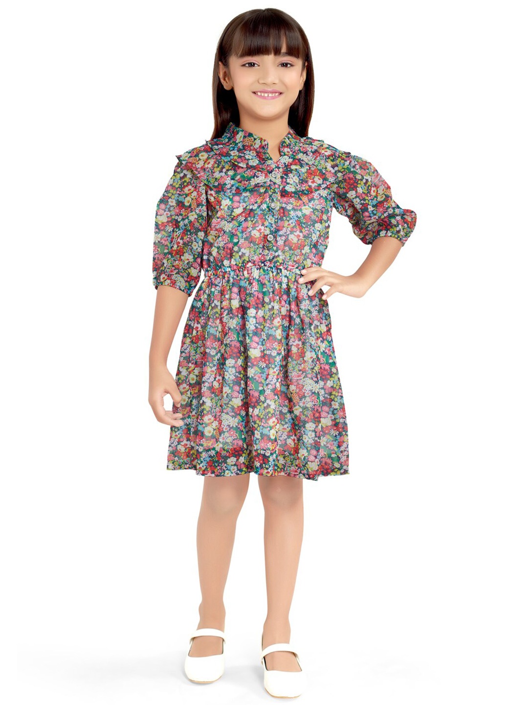 

Doodle Girls Floral Printed Mandarin Collar Gathers Detailed Fit & Flare Dress, Green