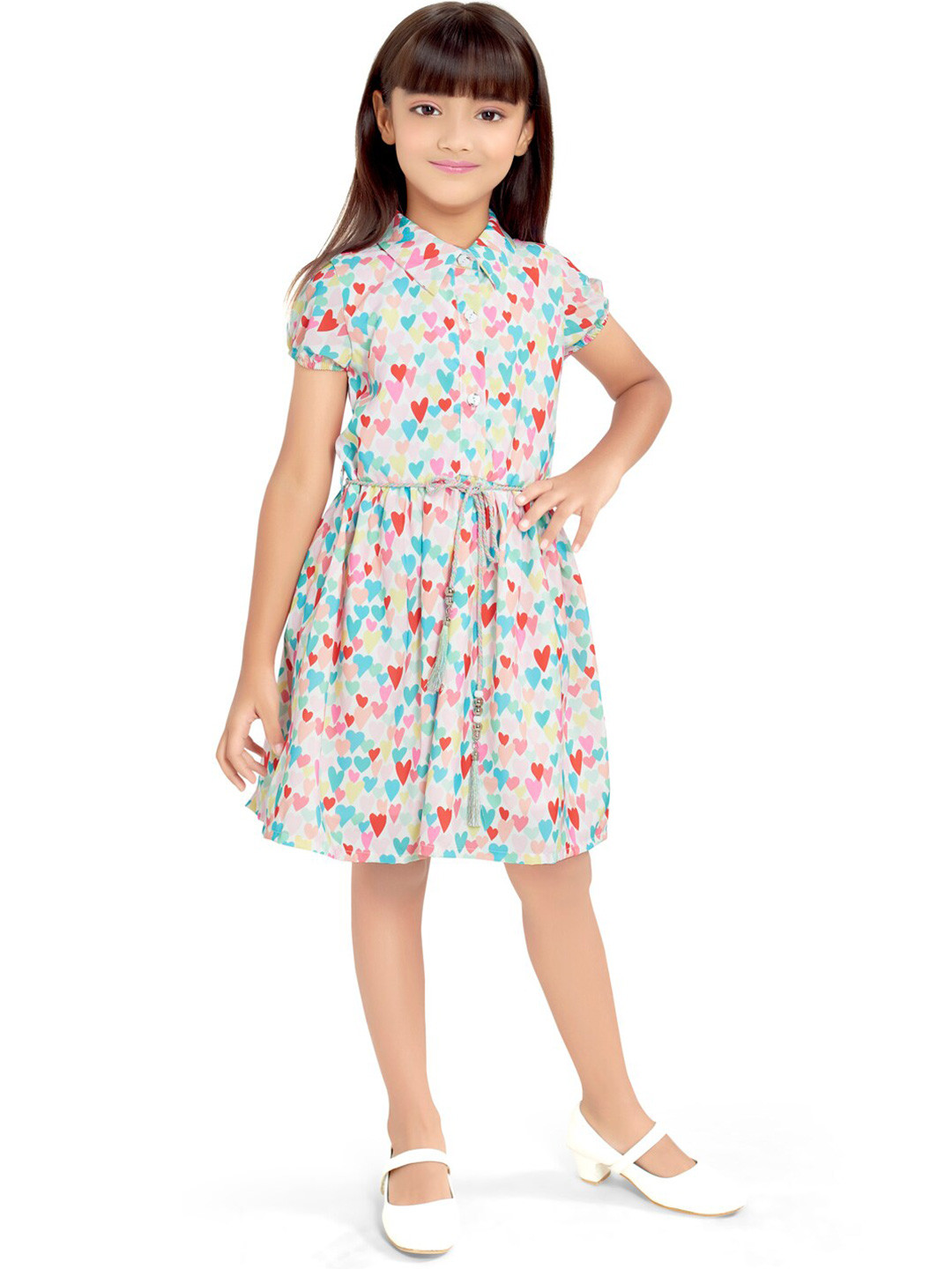 

Doodle Conversational Printed Shirt collar Fit & Flare Dress With Belt, Off white