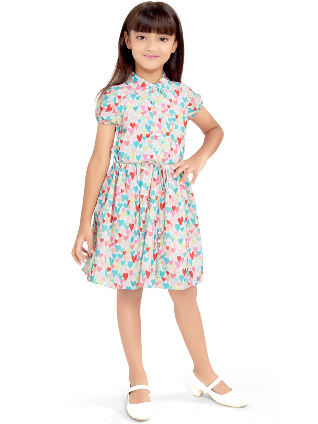 

Doodle Girls Geometric Printed Tie Up Fit & Flare Dress, White