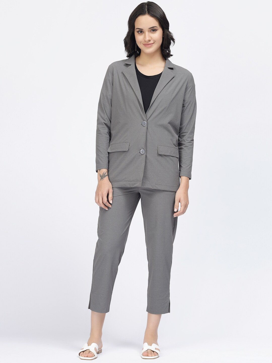 

YOONOY Lapel Self-Design Coat And Trousers Co-Ords, Grey