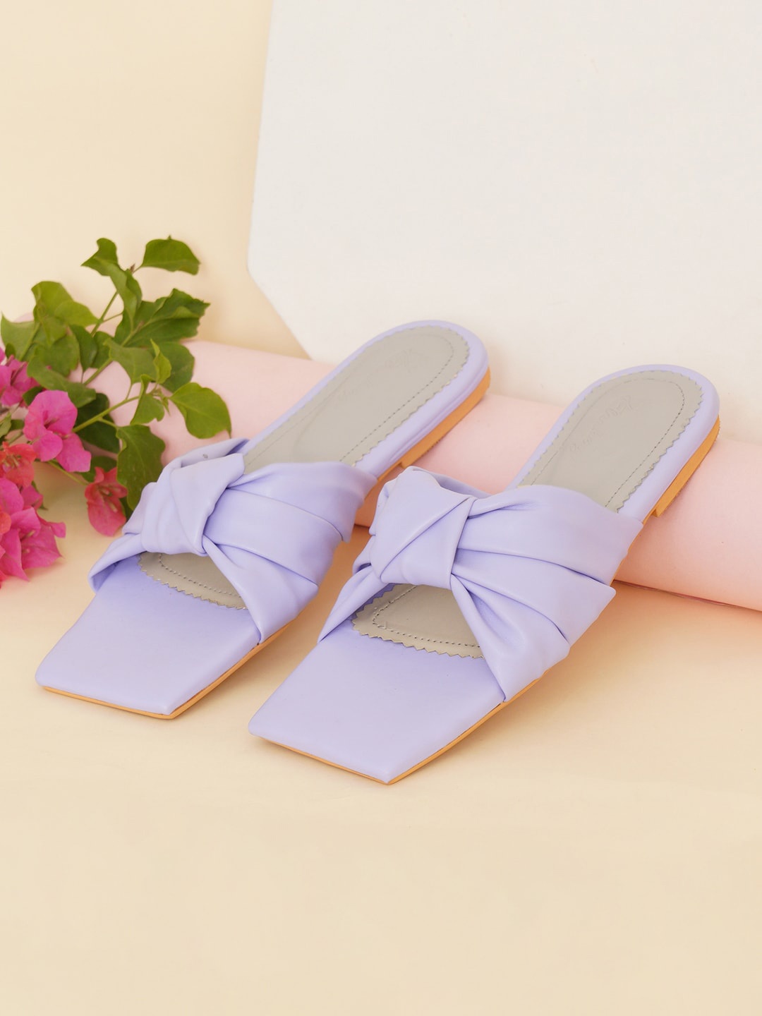 

ELANBERG Synthetic Leather Open Toe Flats With Bows, Lavender