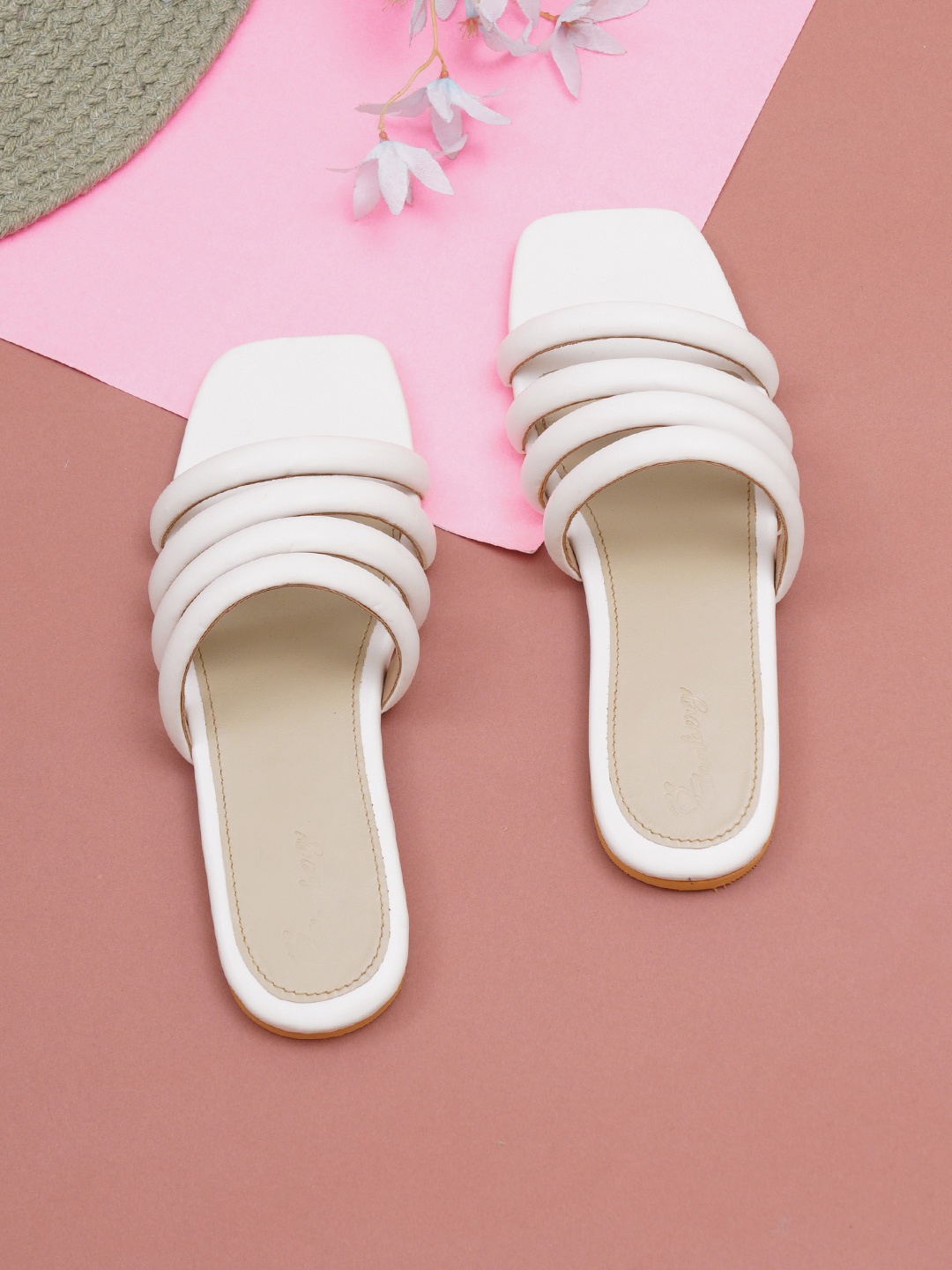 

ELANBERG Striped Synthetic Leather Open Toe Flats, White