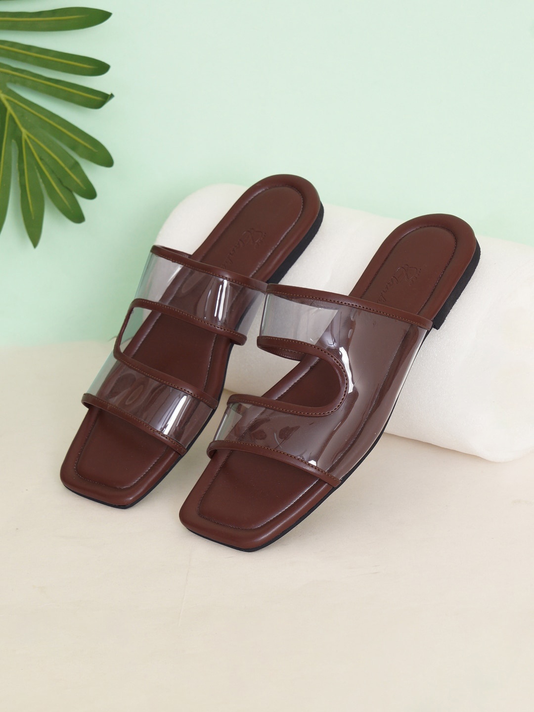 

ELANBERG Synthetic Leather Open Toe Flats, Brown