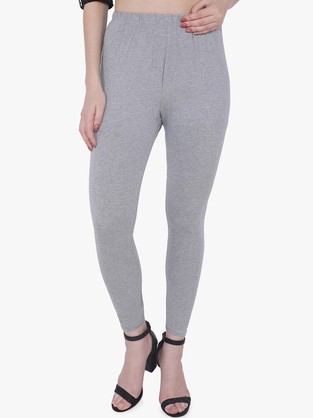 

TRASA Women Cotton Slim-Fit Ankle-Length Leggings, Grey melange