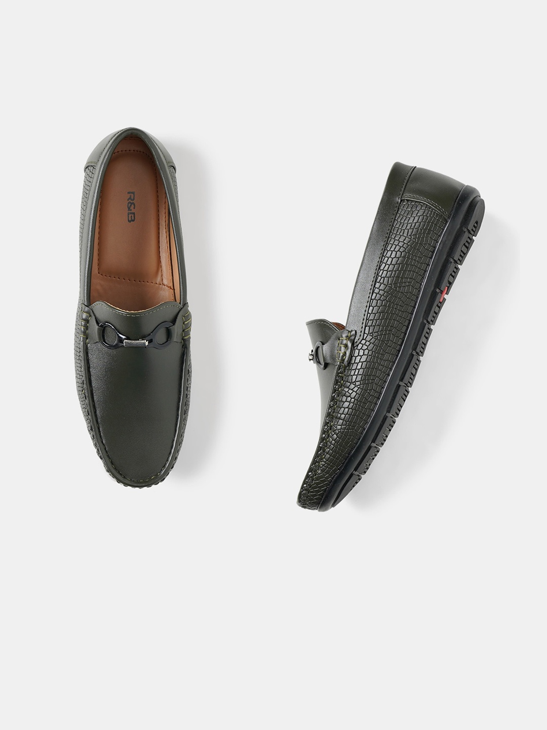 

R&B Men Textured Embellished Padded Insole Horsebit Loafers, Olive