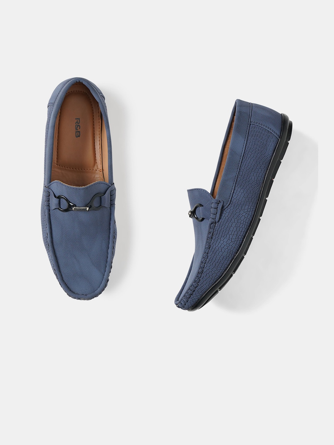 

R&B Men Textured Embellished Padded Insole Horsebit Loafers, Navy blue