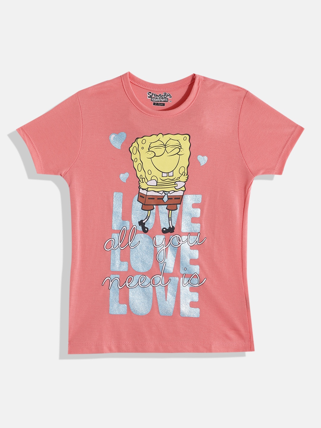 

Eteenz Girls Cotton Spongebob & Typography Printed T-shirt, Peach
