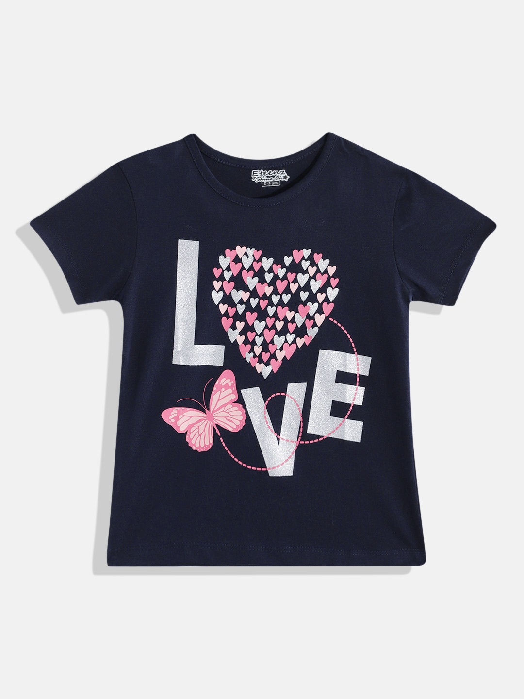 

Eteenz Girls Typography & Hearts Printed Cotton T-shirt with Glittery Effect, Navy blue