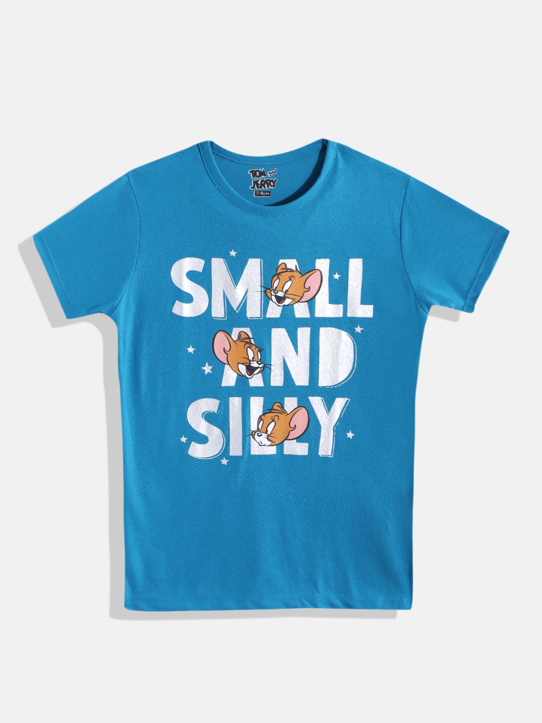 

Eteenz Girls Typography & Jerry Printed Cotton T-shirt with Glittery Effect, Turquoise blue