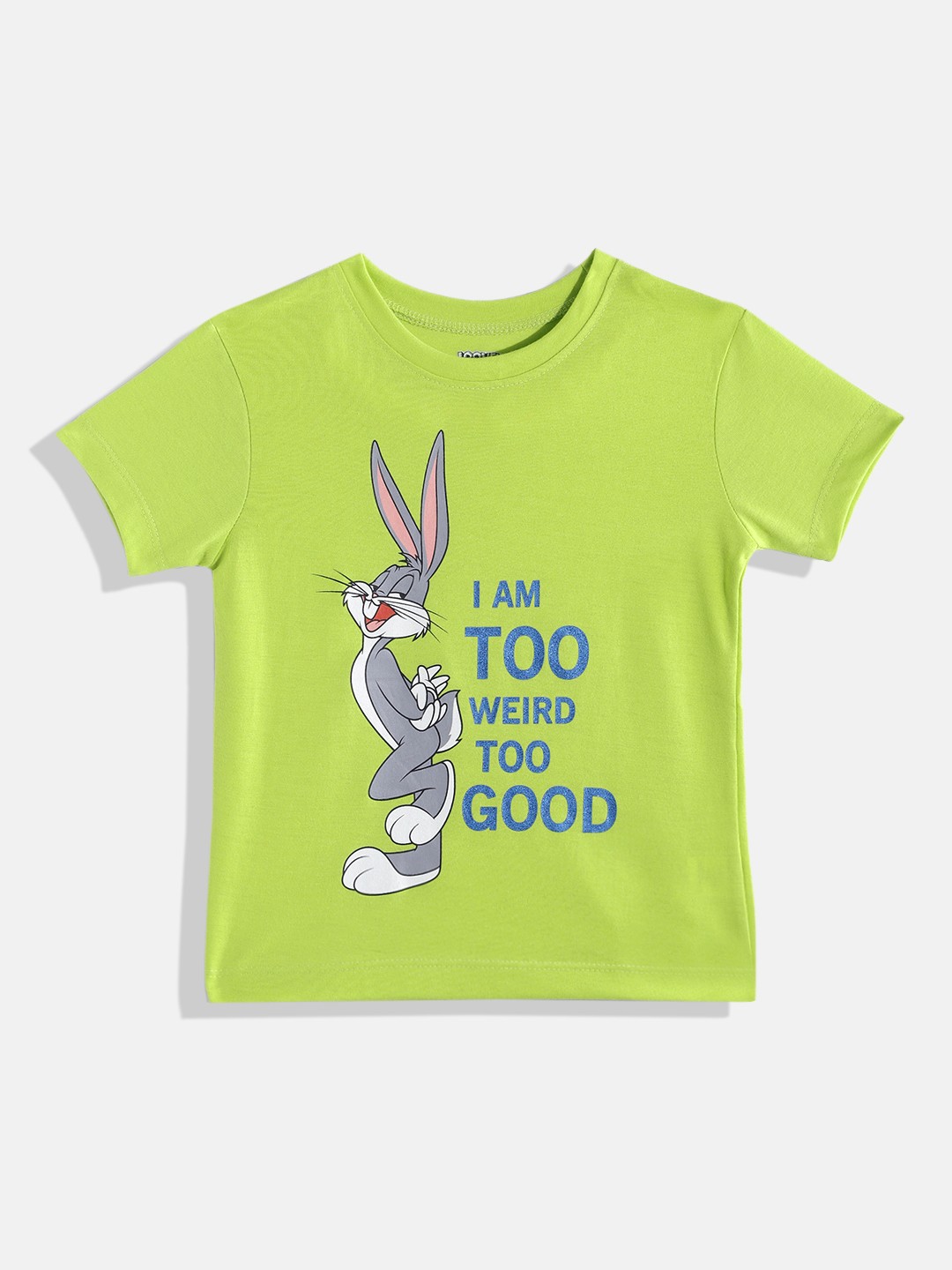 

Eteenz Girls Bugs Bunny & Typography Printed Cotton T-shirt, Fluorescent green