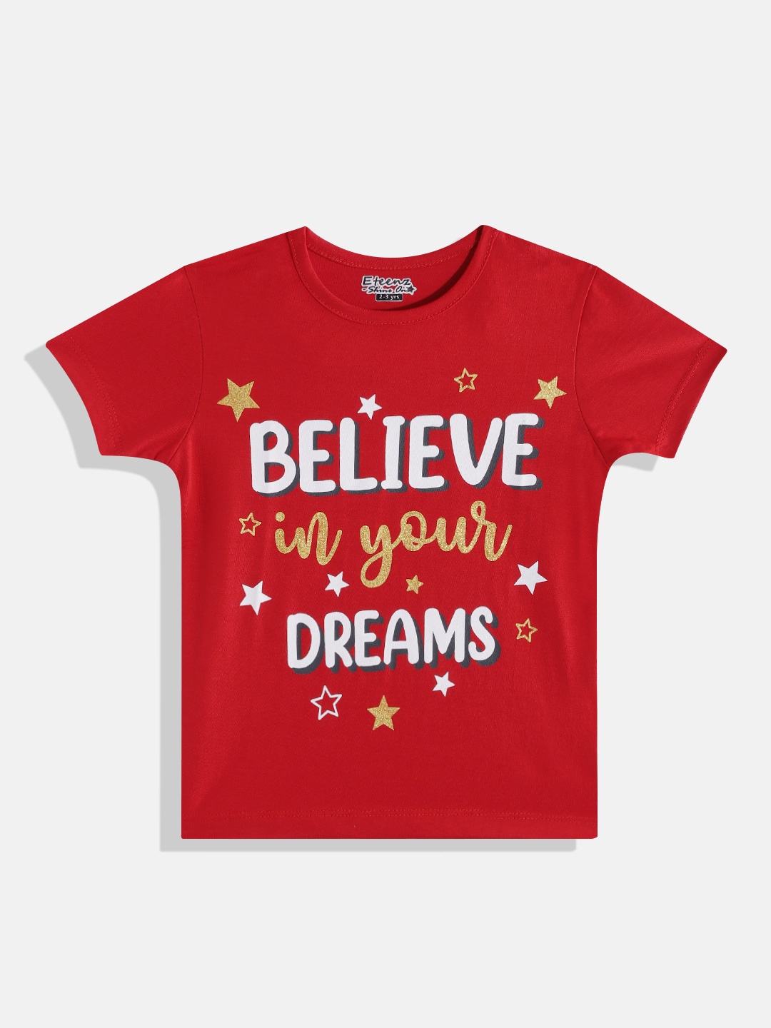 

Eteenz Girls Typography & Stars Printed Cotton T-shirt, Red