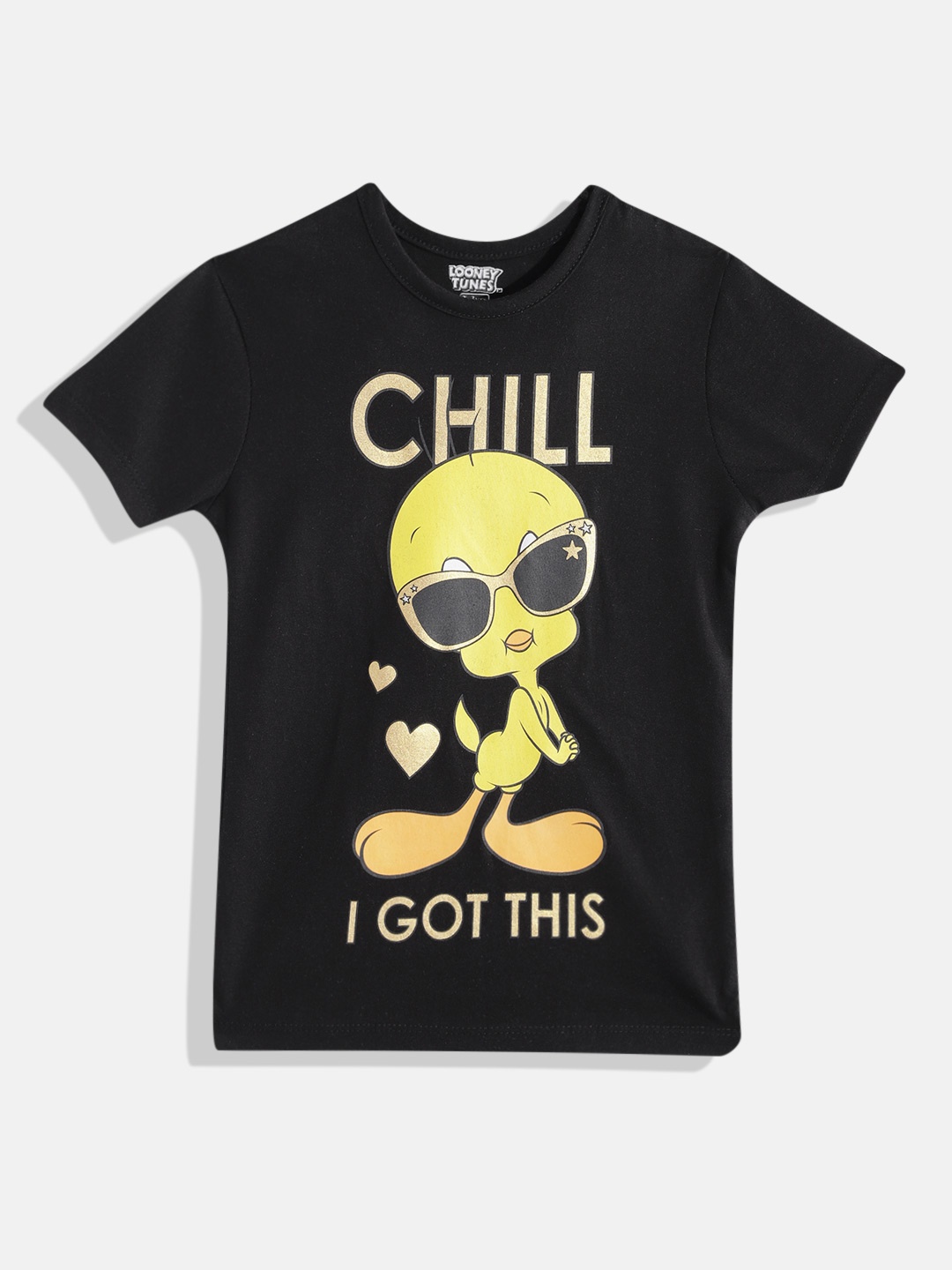 

Eteenz Girls Cotton Tweety & Typography Printed T-shirt, Black