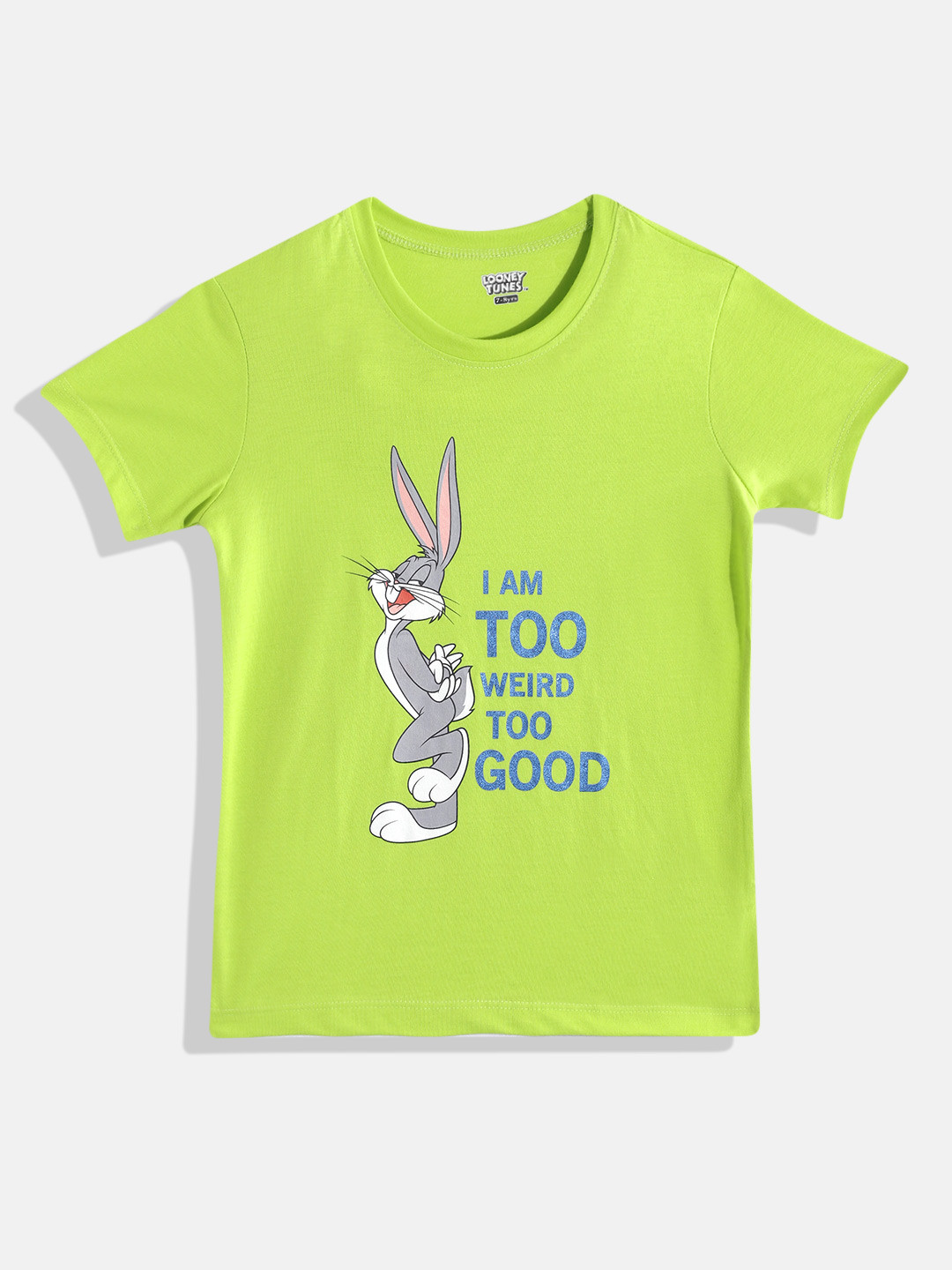

Eteenz Girls Bugs Bunny & Typography Printed Cotton T-shirt, Fluorescent green