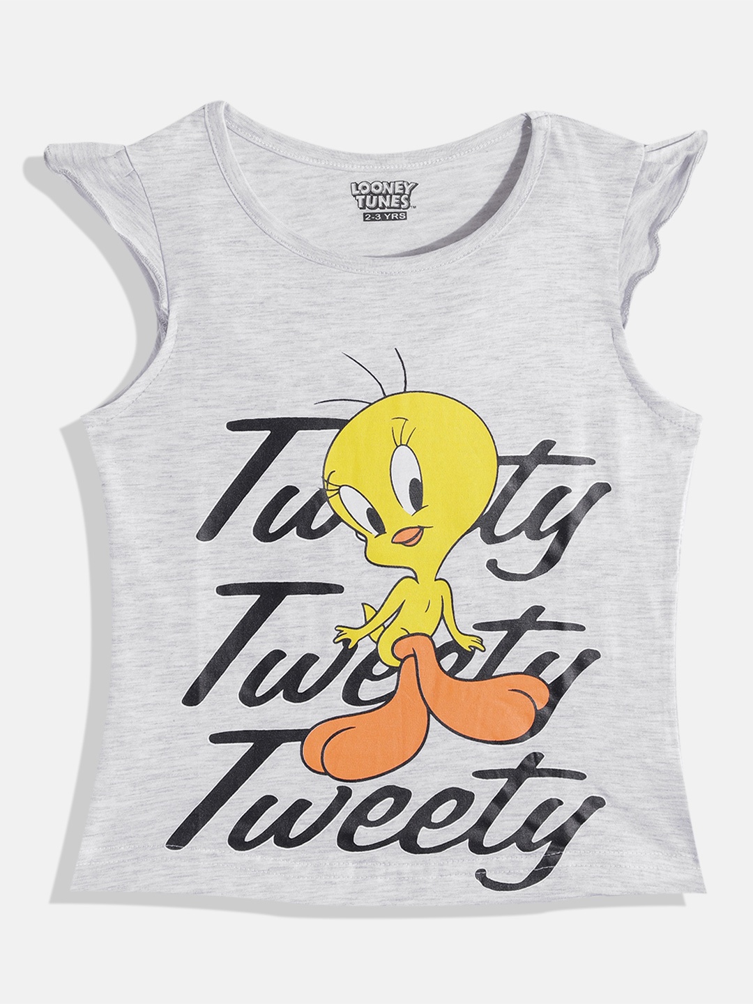

Eteenz Girls Tweety Printed Flutter Sleeves Cotton Top, Grey melange