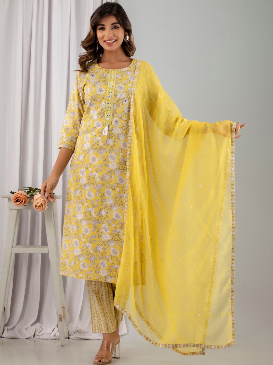 

Readiprint Fashions Floral Printed Mirror Work Pure Cotton Kurta With Palazzos & Dupatta, Yellow