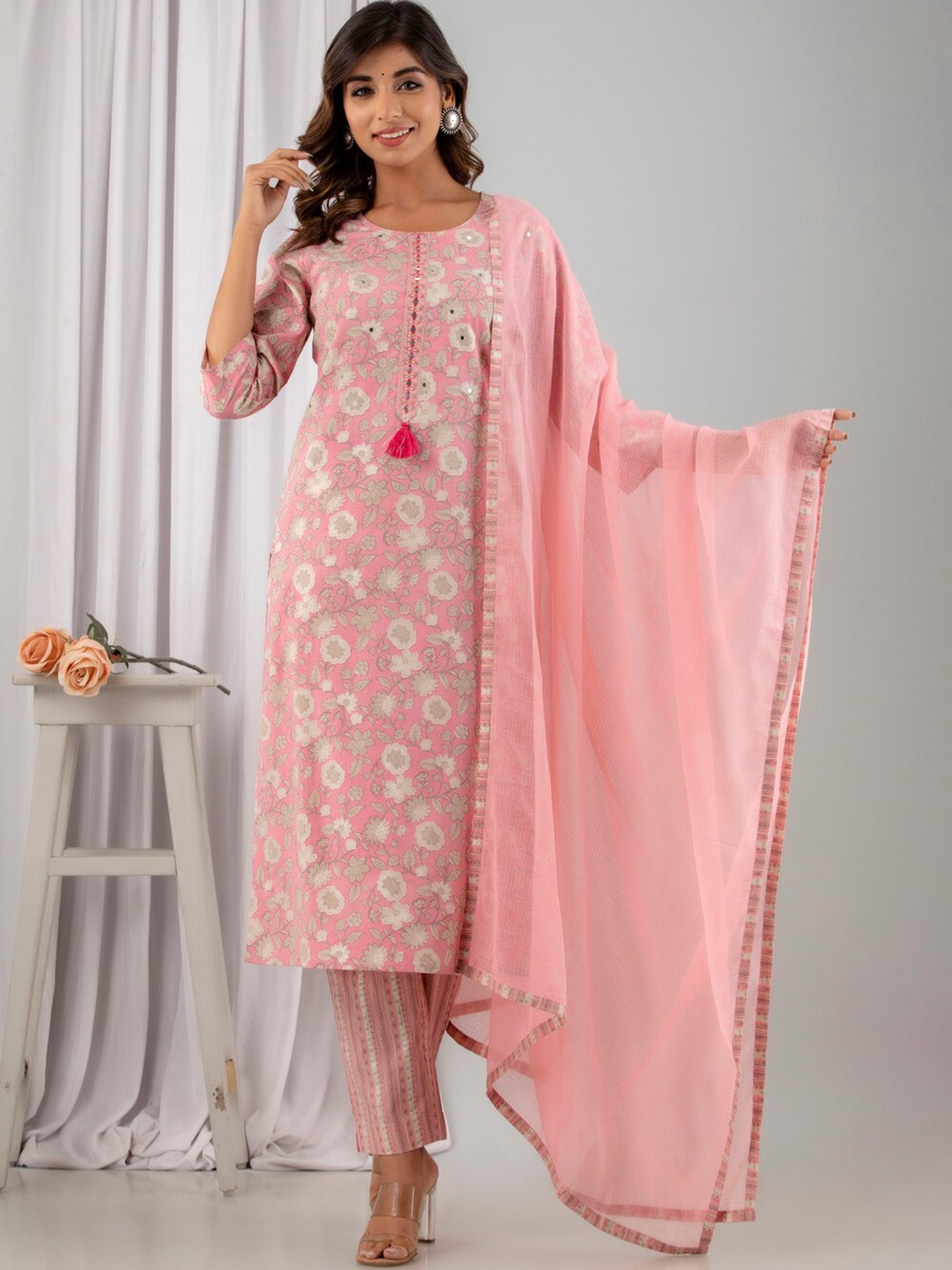 

Readiprint Floral Printed Mirror Work Pure Cotton Kurta with Palazzos & With, Pink