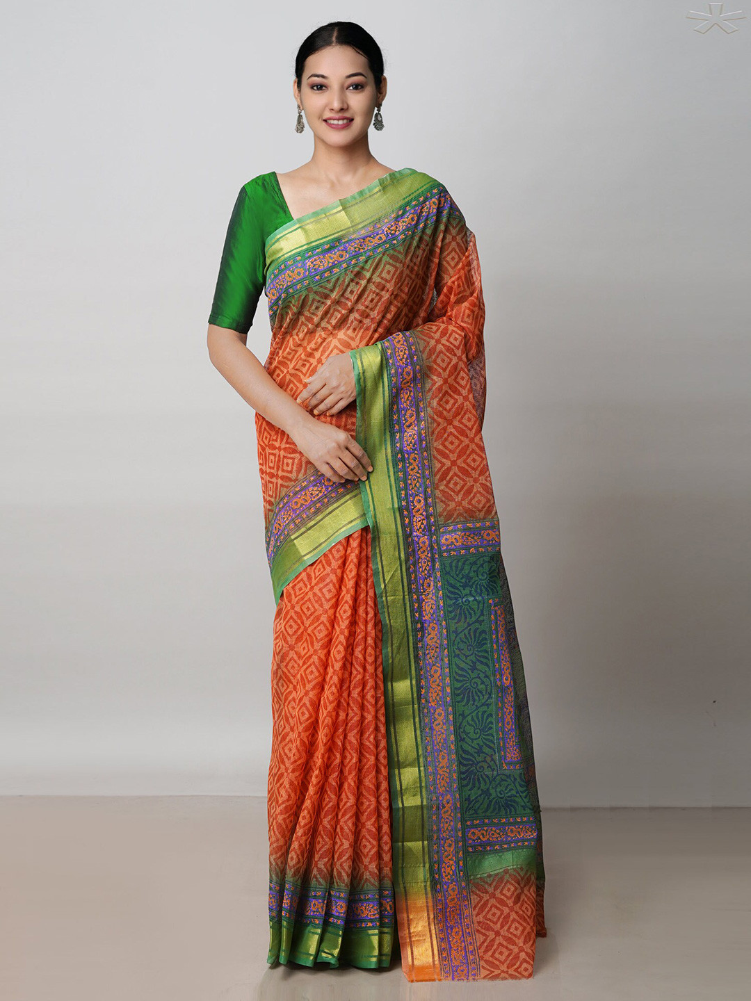 

Unnati Silks Ethnic Motifs Zari Pure Cotton Kota Saree, Orange