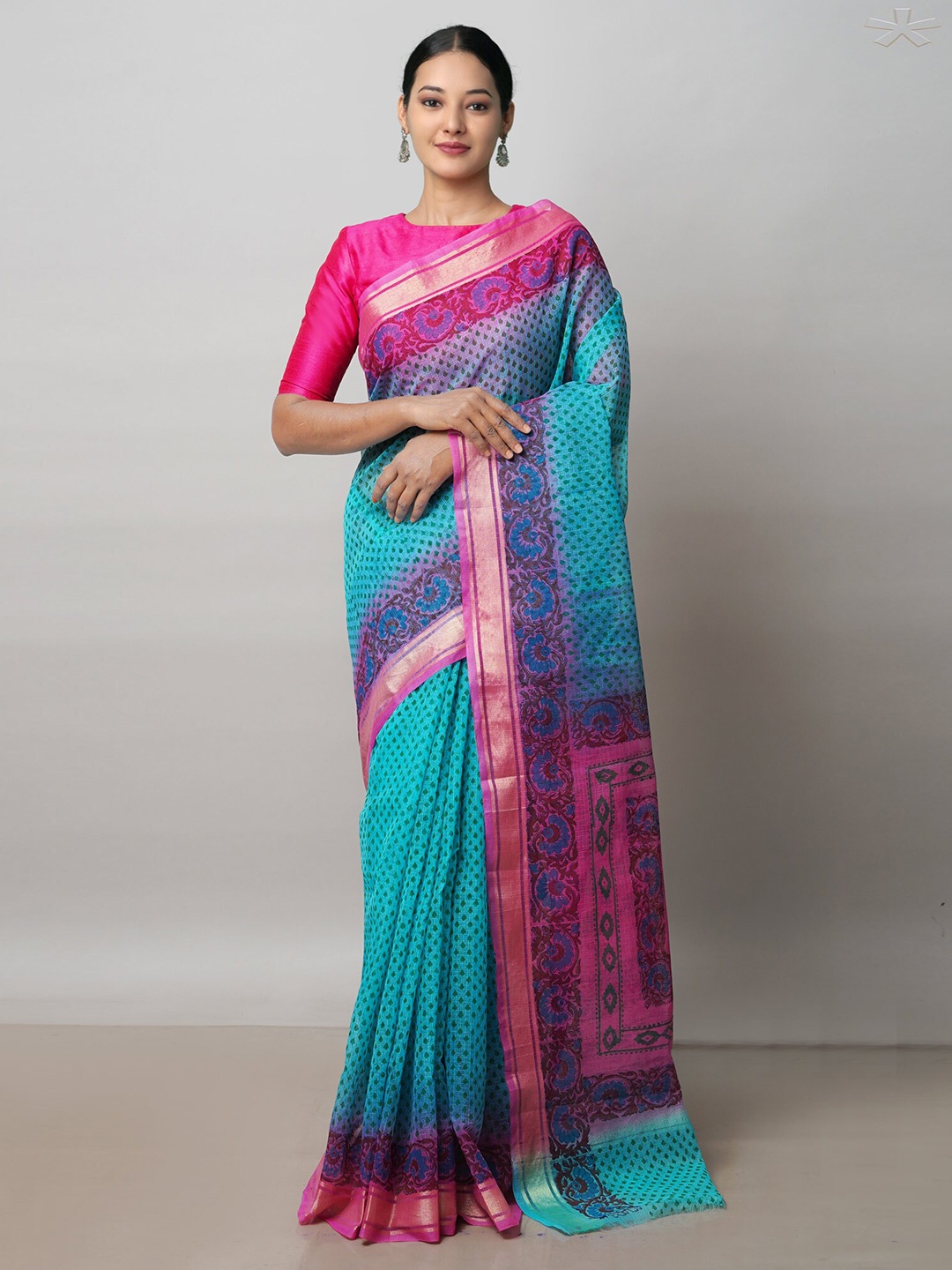 

Unnati Silks Ethnic Motifs Zari Pure Cotton Kota Saree, Blue
