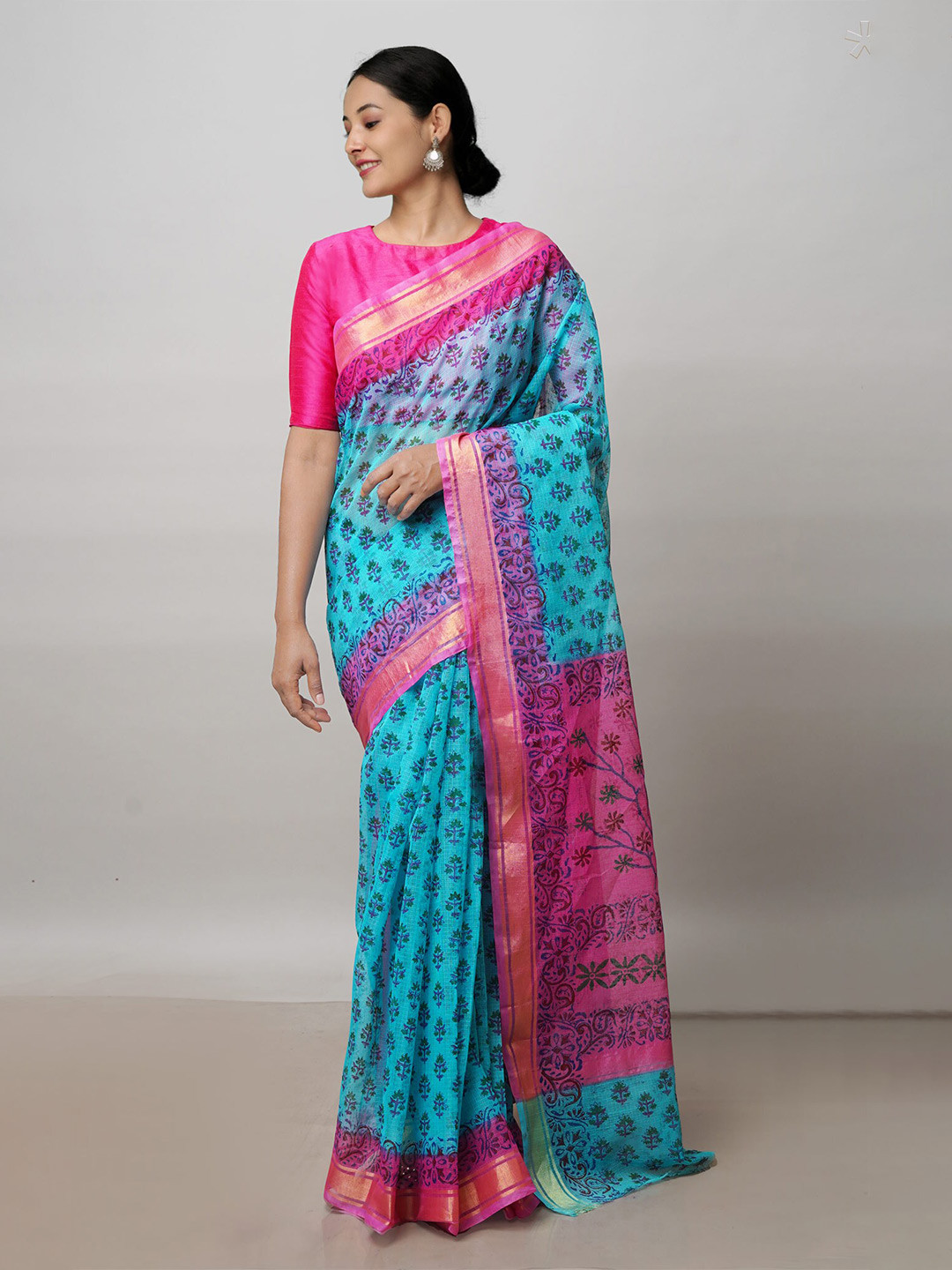 

Unnati Silks Ethnic Motifs Printed Zari Pure Cotton Kota Saree, Blue
