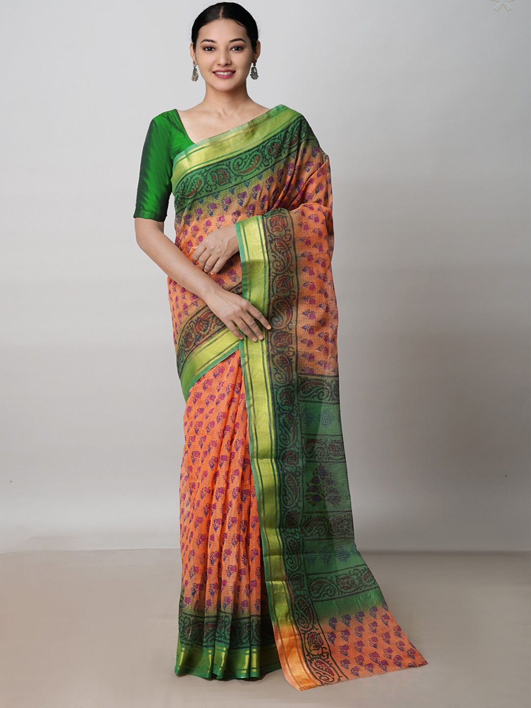 

Unnati Silks Ethnic Motifs Zari Pure Cotton Kota Saree, Orange