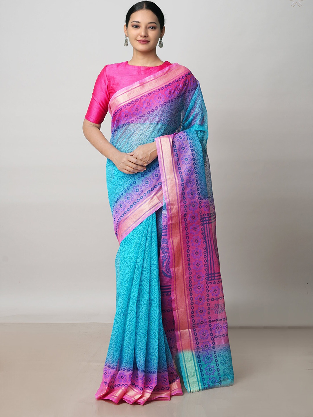 

Unnati Silks Paisley Printed Zari Pure Cotton Handloom Kota Saree, Blue