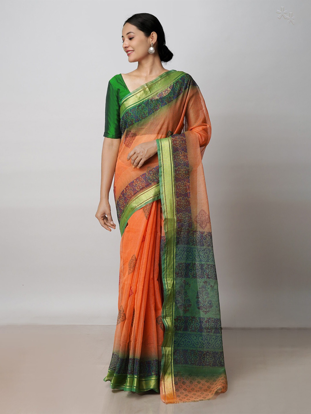 

Unnati Silks Ethnic Motifs Printed Zari Pure Cotton Kota Saree, Orange