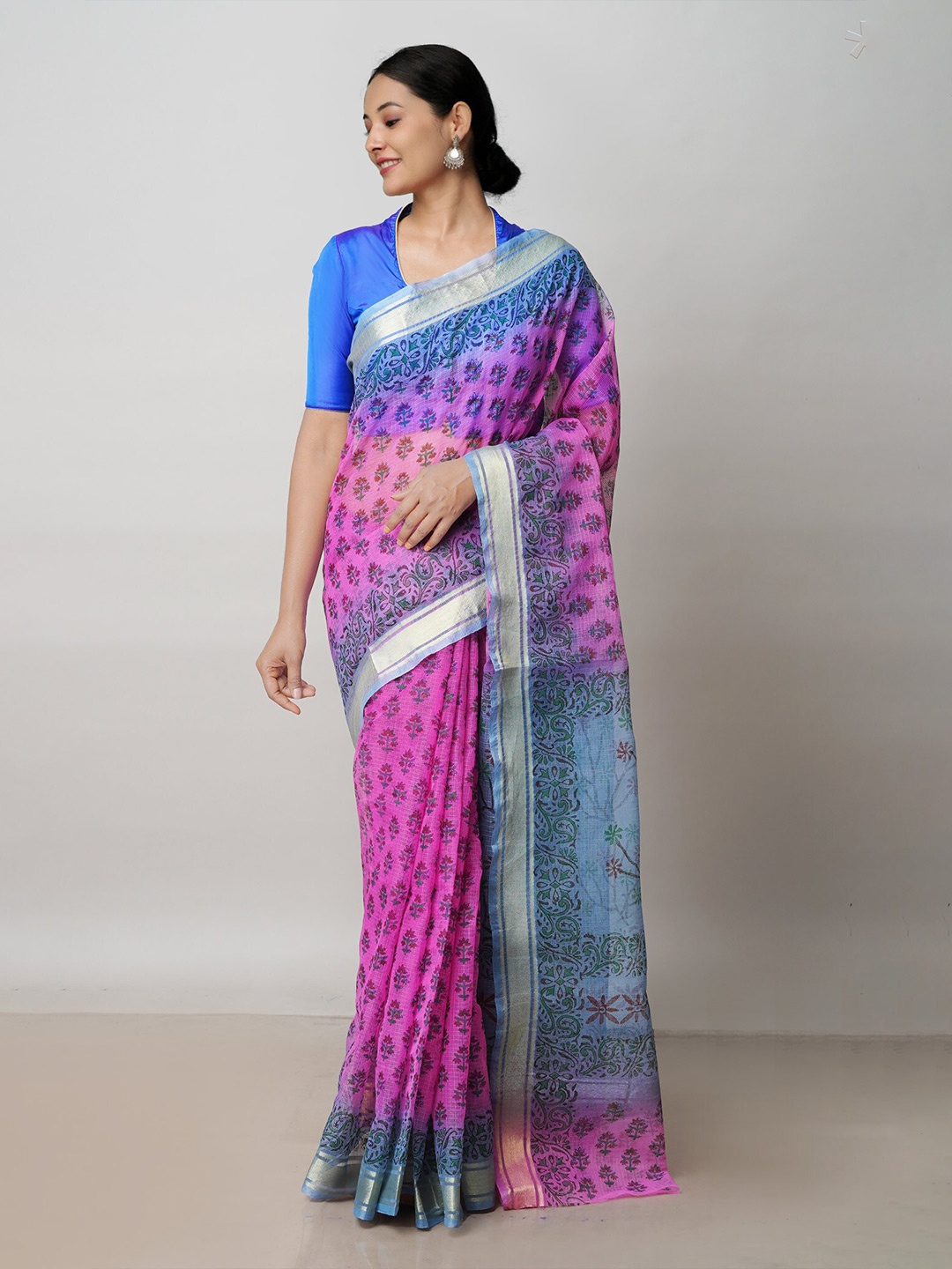 

Unnati Silks Pink & Blue Ethnic Motifs Printed Handloom Zari Pure Cotton Kota Saree