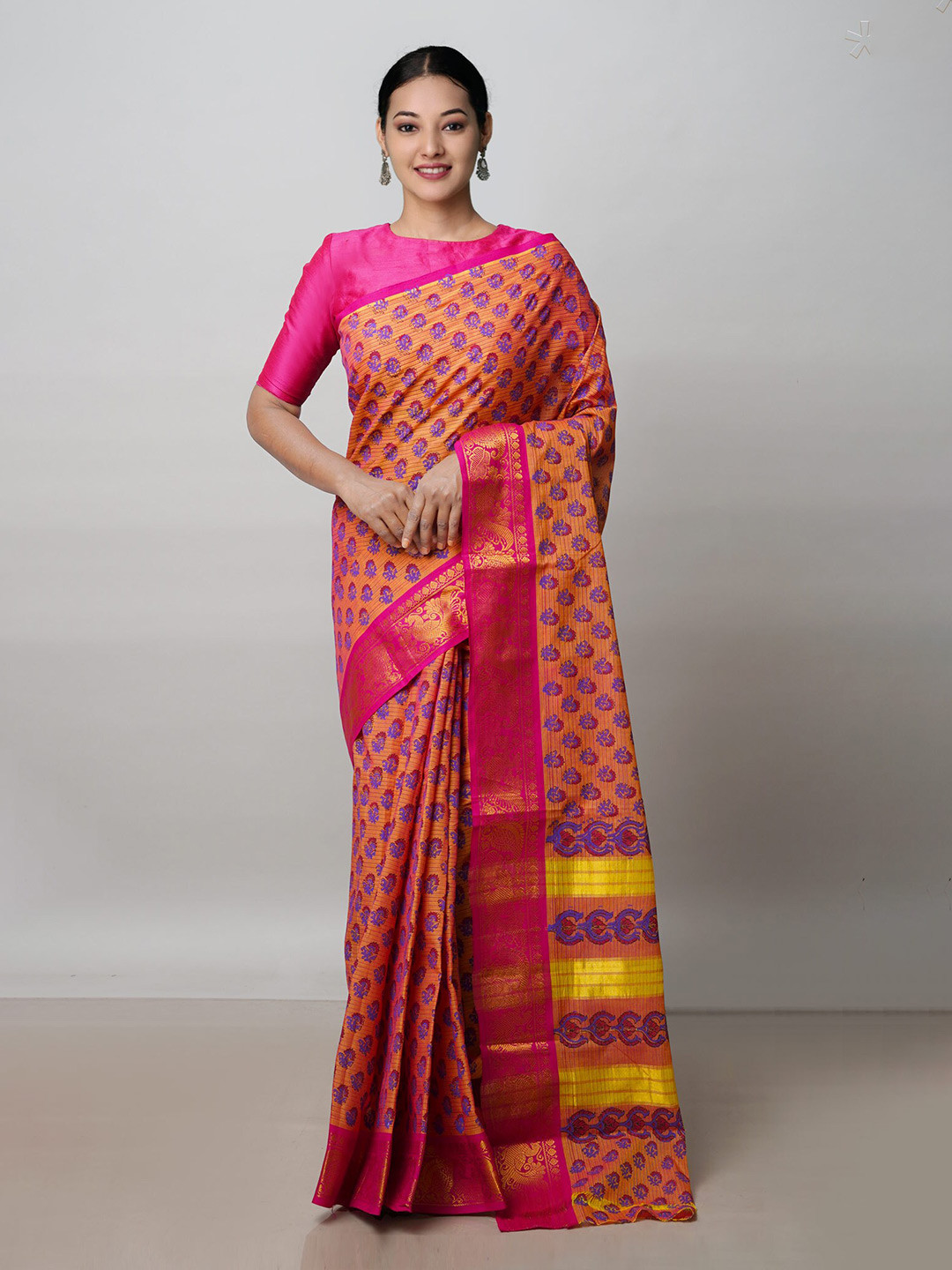 

Unnati Silks Orange & Purple Ethnic Motifs Zari Pure Cotton Handloom Chettinad Saree