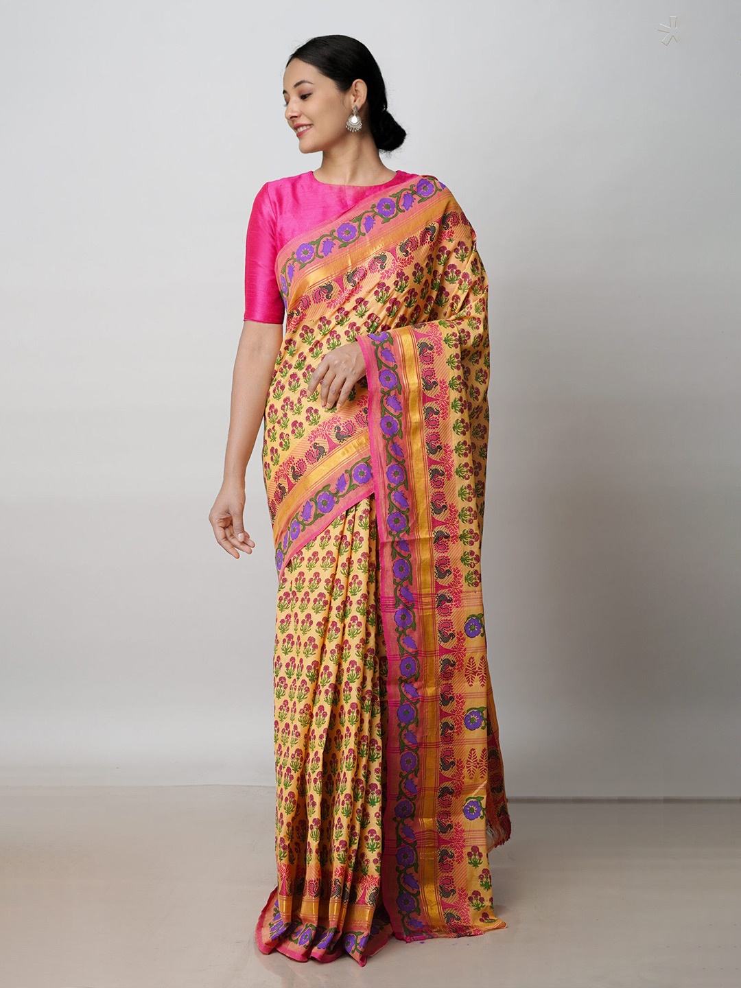 

Unnati Silks Floral Zari Pure Cotton Chettinad Saree, Beige