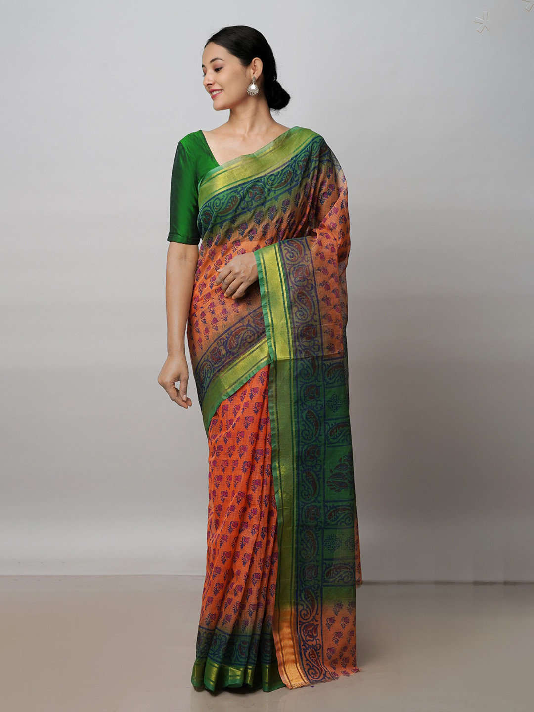 

Unnati Silks Floral Printed Zari Pure Cotton Handloom Kota Saree, Orange