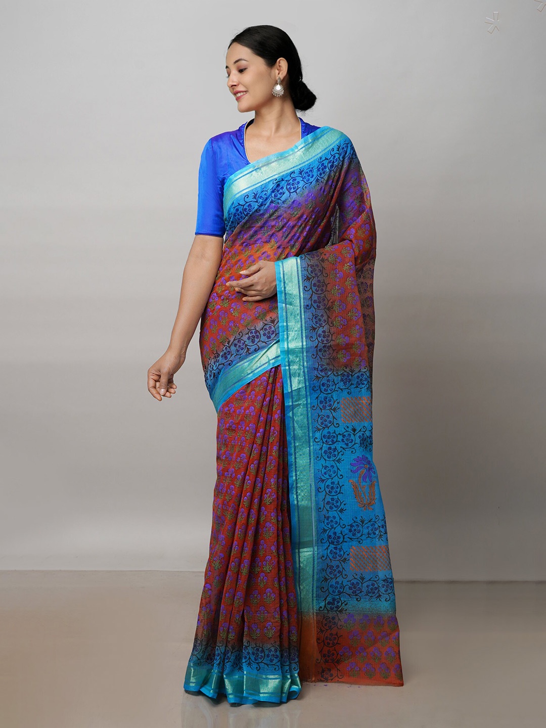 

Unnati Silks Ethnic Motifs Printed Zari Handloom Pure Cotton Kota Saree, Orange