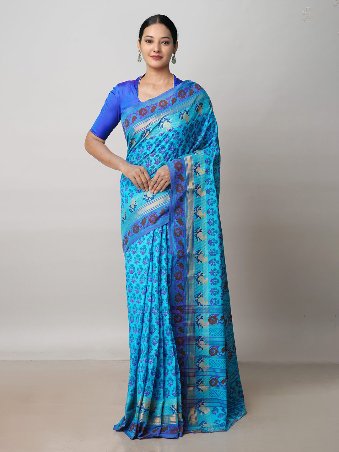 

Unnati Silks Blue & Brown Floral Zari Pure Cotton Handloom Chettinad Saree