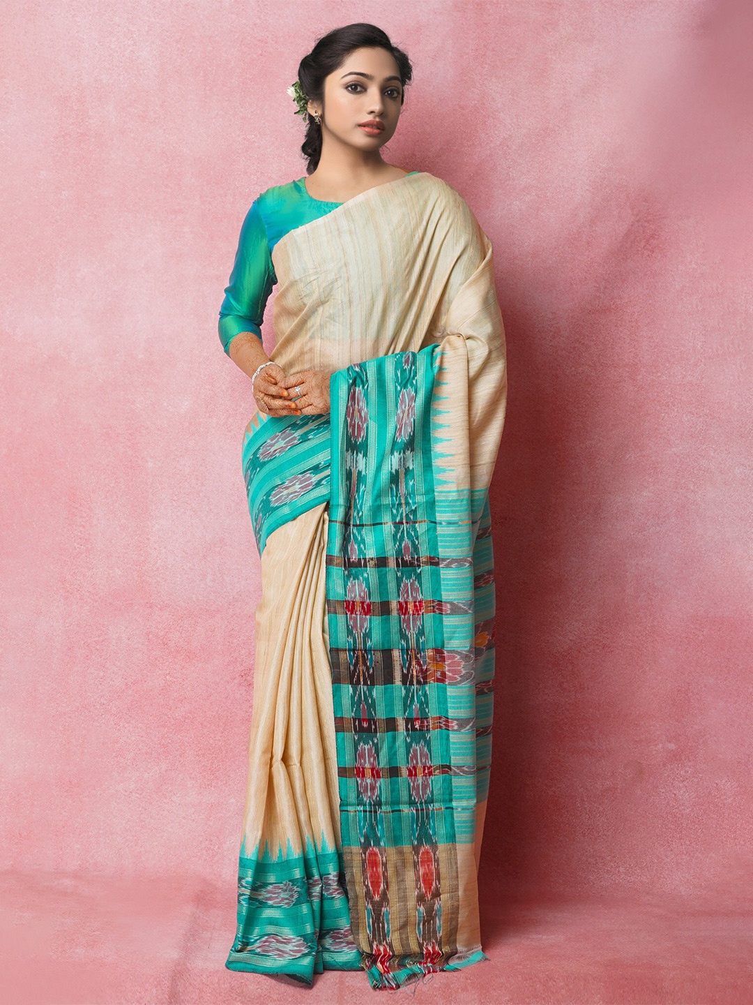 

Unnati Silks Zari Jute Silk Tussar Saree, Cream