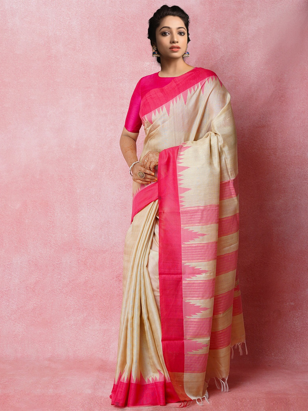 

Unnati Silks Zari Striped Jute Silk Tussar Saree, Cream