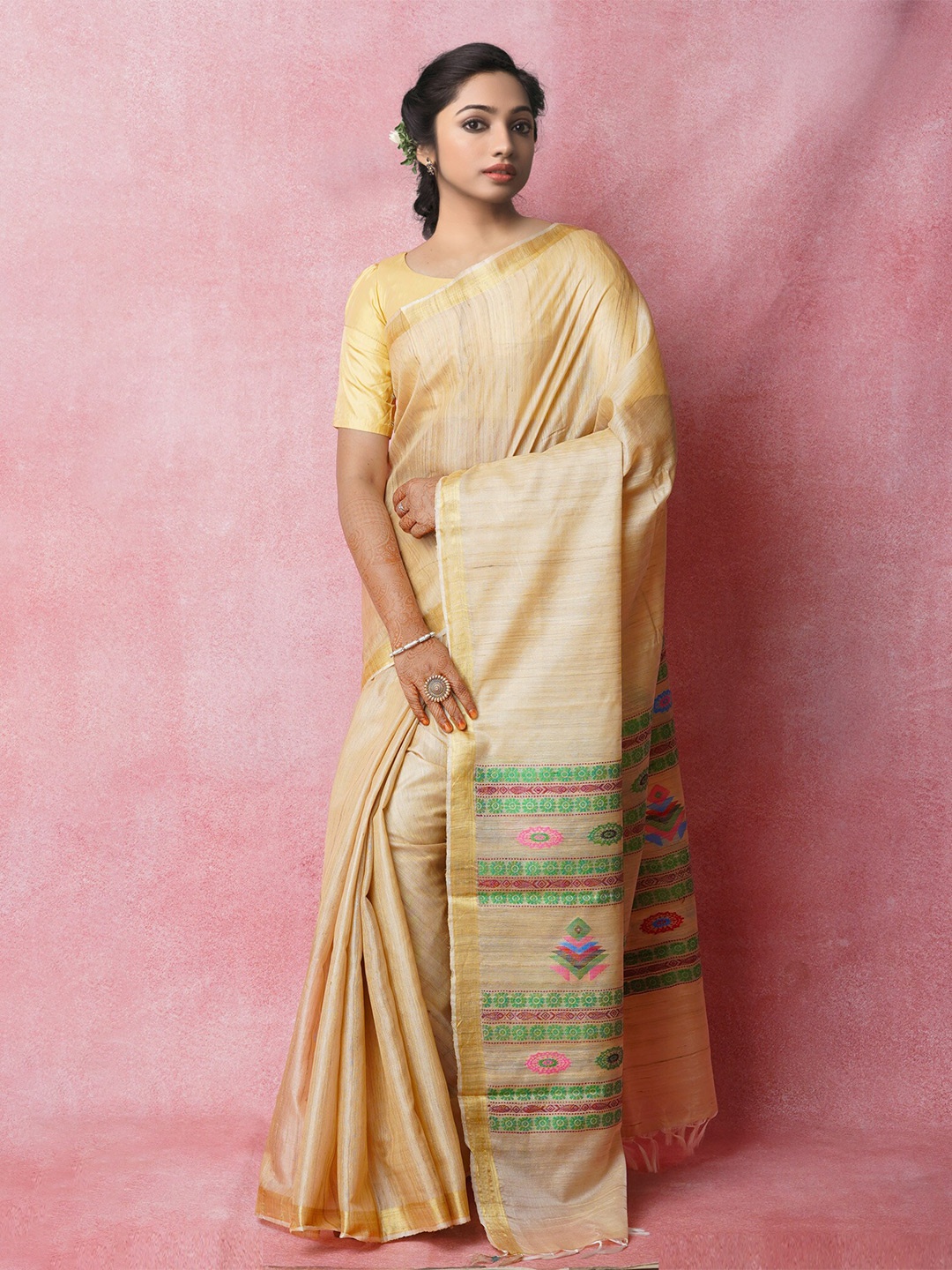 

Unnati Silks Zari Jute Silk Tussar Saree, Cream