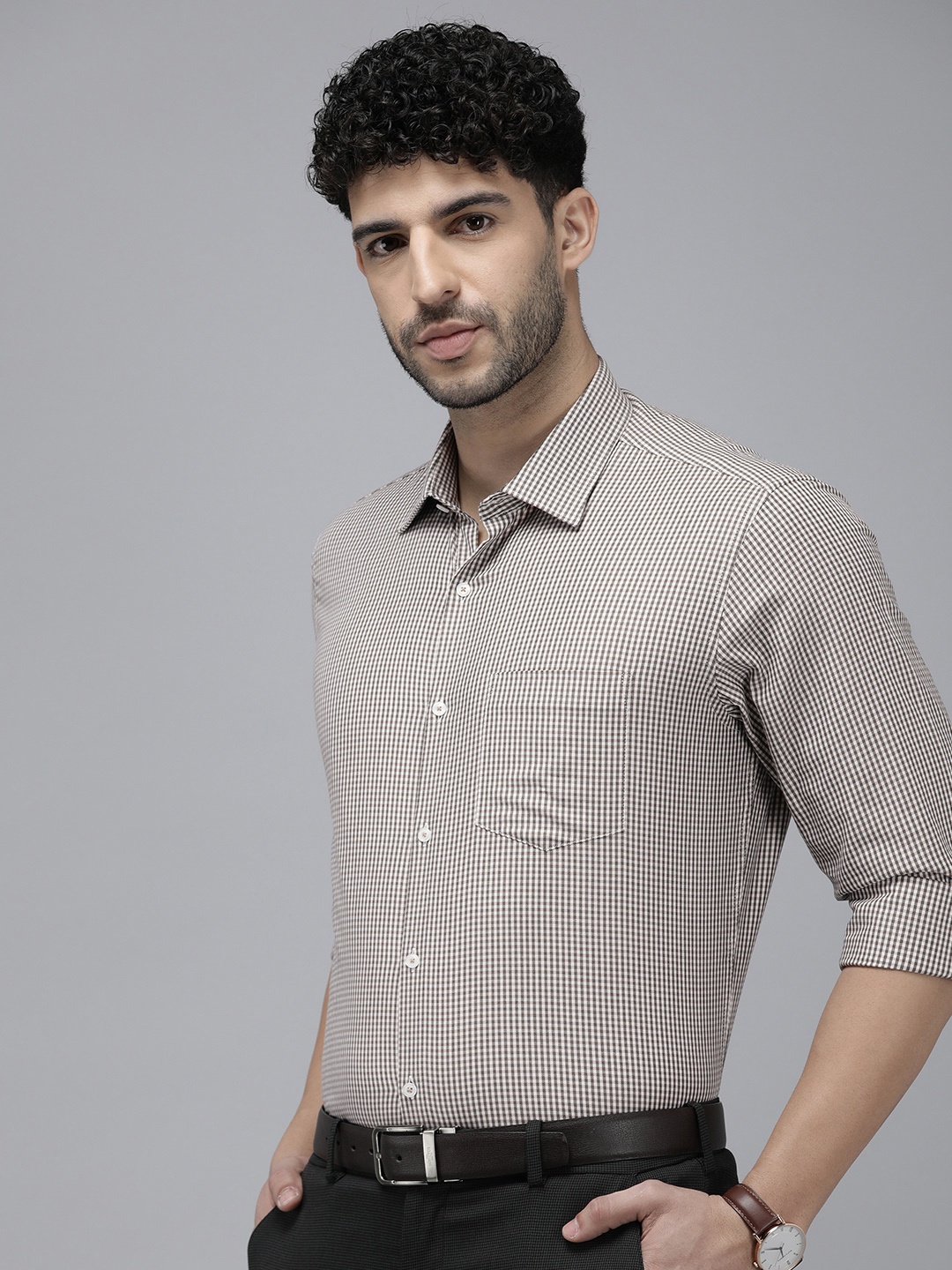 Van Heusen Men Pure Cotton Custom Micro Checks Opaque Formal Shirt, Beige