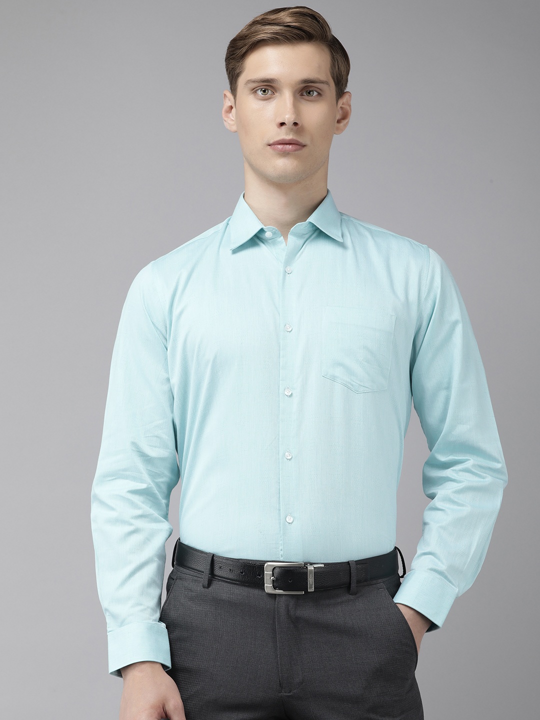 

Van Heusen Pure Cotton Custom Fit Self Design Textured Formal Shirt, Blue