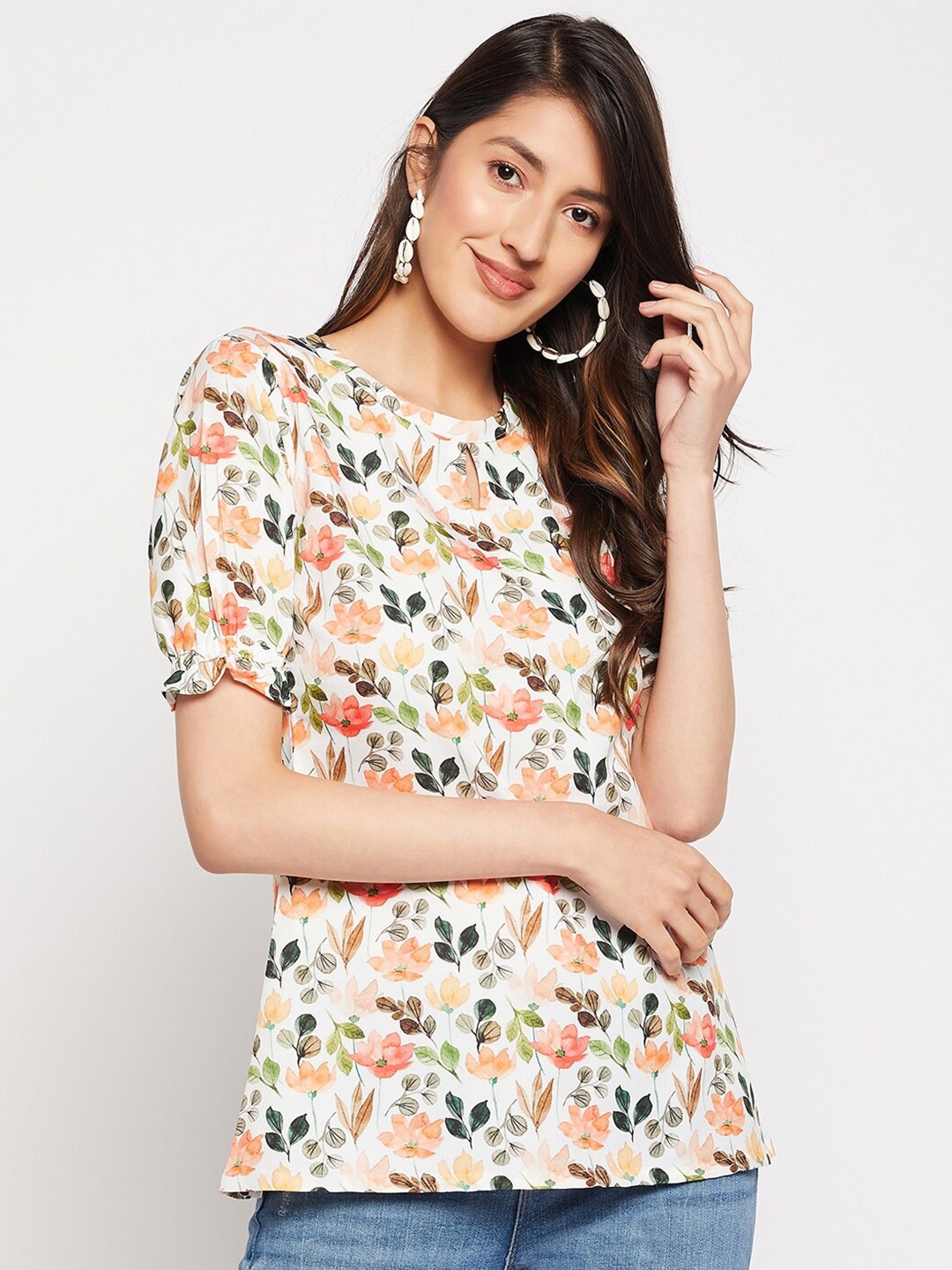 

WEAVLLITE Floral Printed Puff Sleeves Top, White