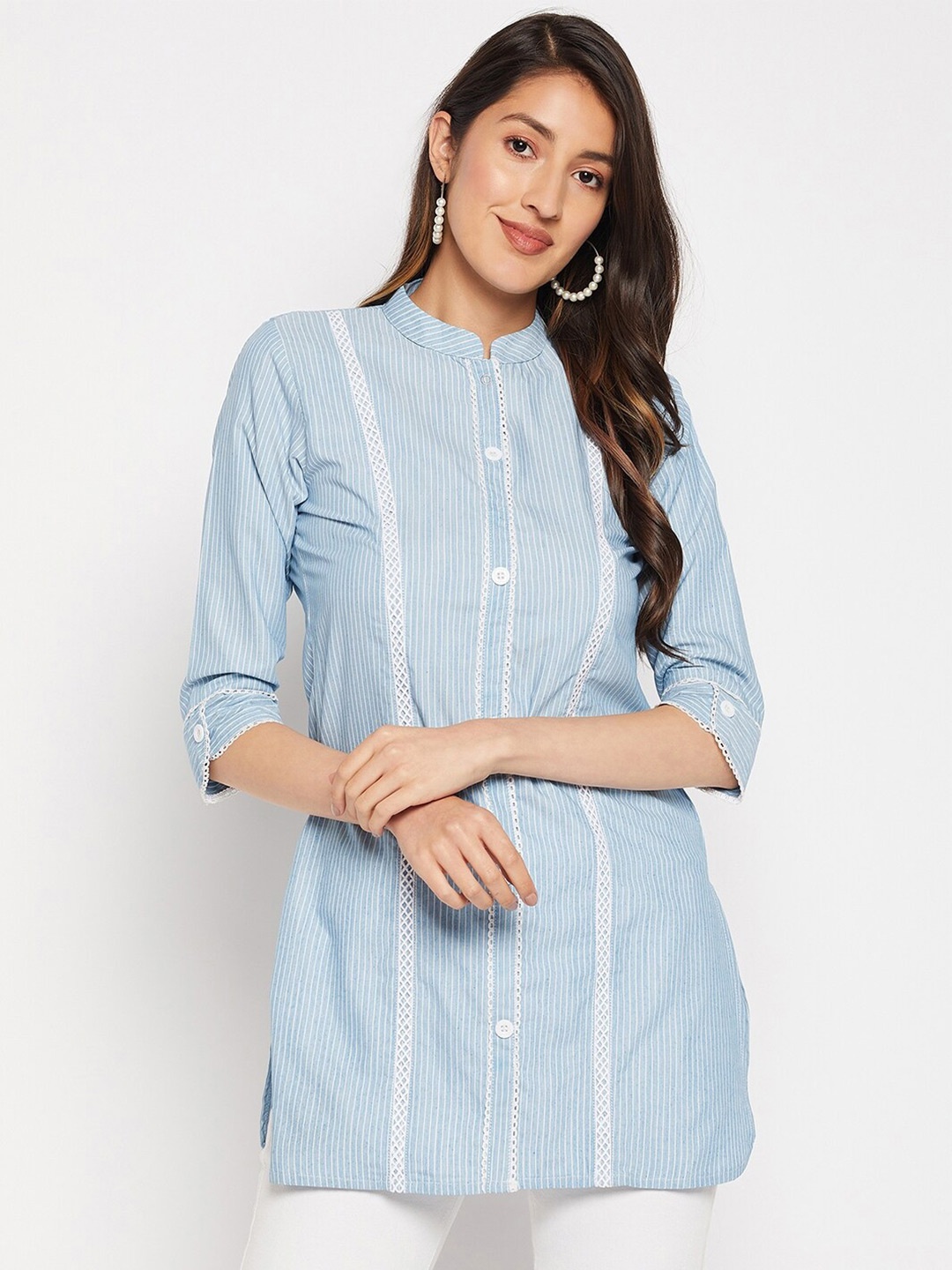 

WEAVLLITE Mandarin Collar Striped Lace Detail Tunic, Blue