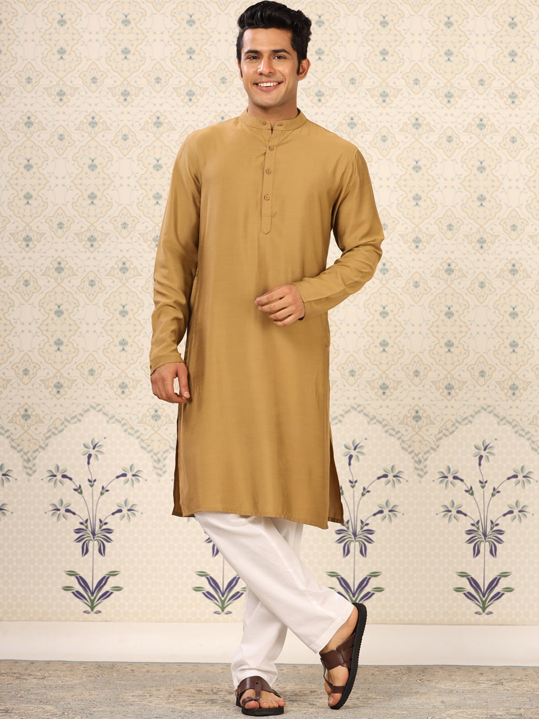 

Ode by House of Pataudi Khaki Mandarin Collar Straight Kurta